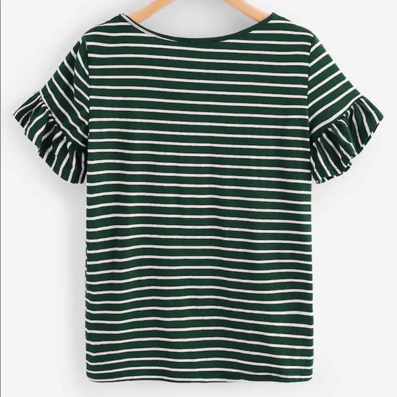 Emerald Green Striped Tee With Ruffle Sleeves - Picture 3 of 5